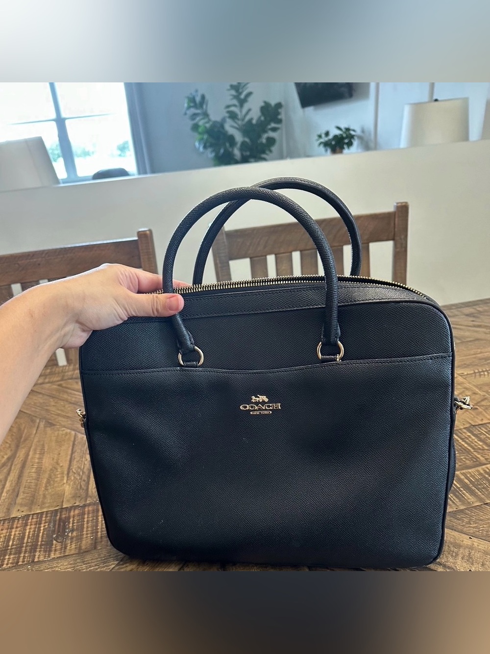 Coach Black Leather Zip-Top Tote with Gold Accent